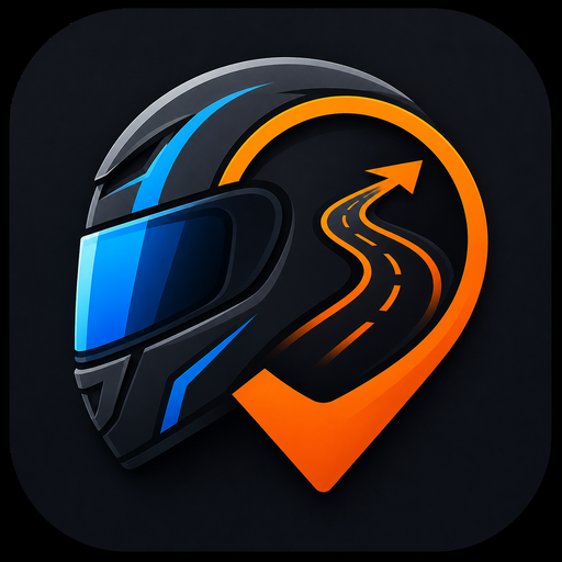RiderNav app icon — a motorcycle helmet fused with a route pin
